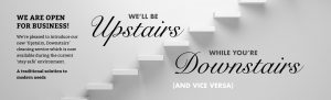 Upstairs Downstairs banner: we'll clean upstairs while you are downstairs and vice versa. Get in touch now for more information.